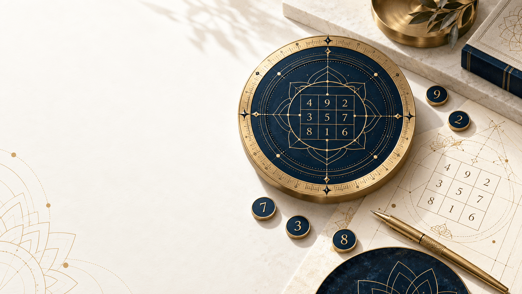 A refined brass Lo Shu instrument and numerology calculation sheets
