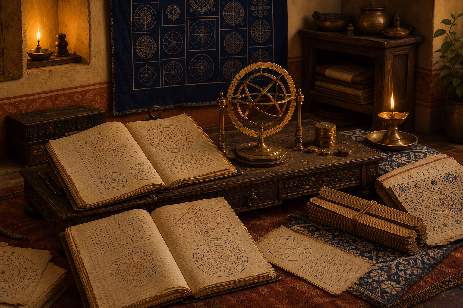 Indian numerology manuscripts and brass calculation instruments in a research library