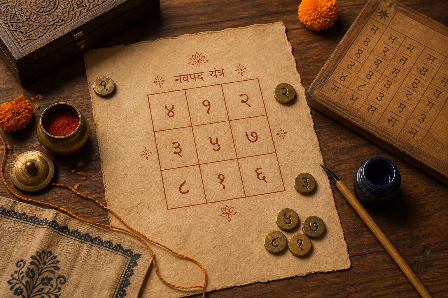 An Indian numerology calculation desk with a Lo Shu grid, brass number tokens, and handmade paper